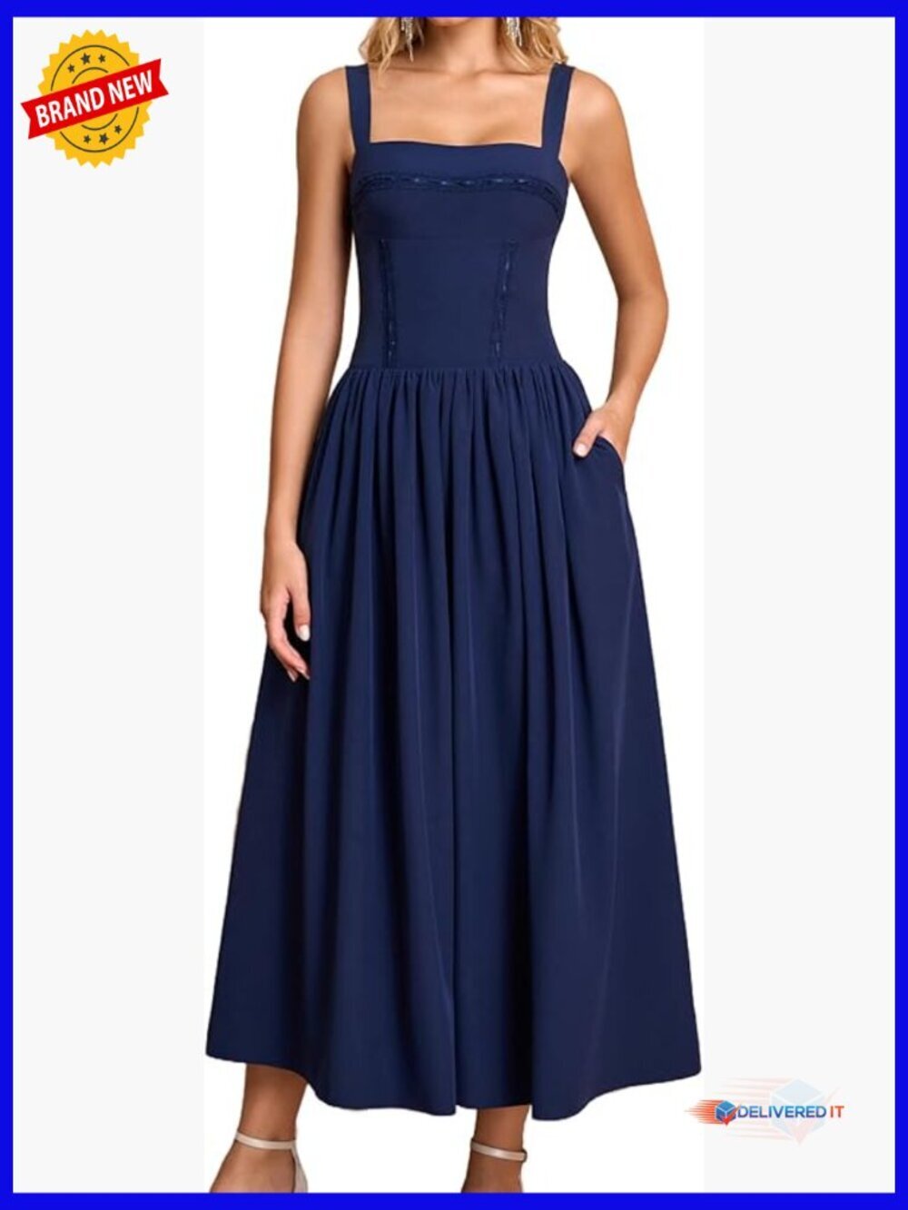 Women's Midi Dress Corset Square Neck Sleeveless Lace Formal with Pockets